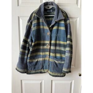 Vintage IVY Lagenlook Textured Stripe 100% Cotton Coat Blue Green Size Large